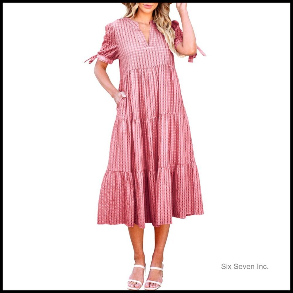 V Neck Midi Dress Tiered Pleated Loose Fit Summer Casual Gingham Print